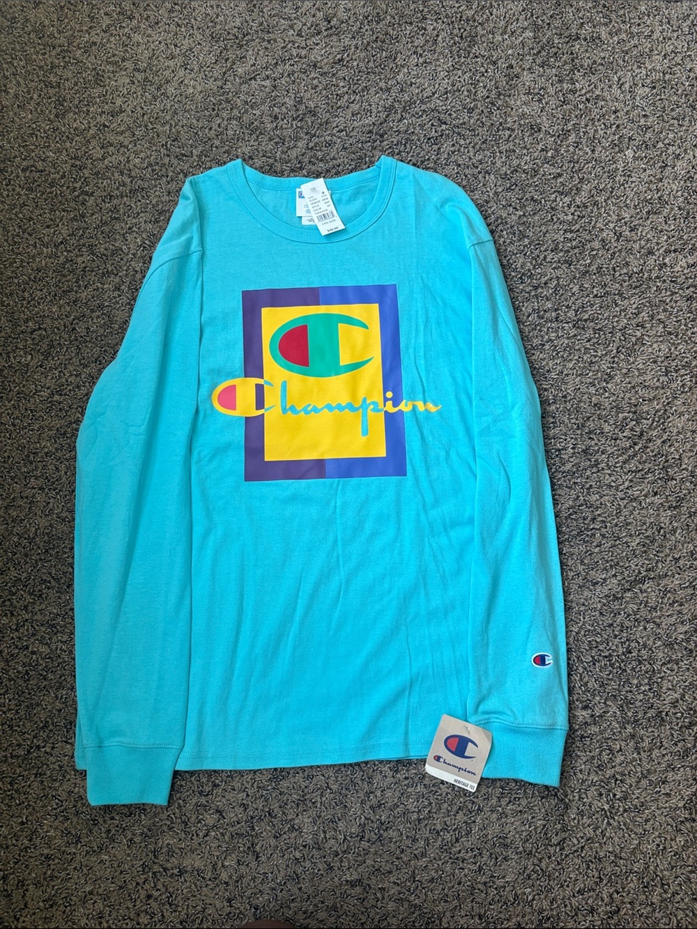 Champion Teal Long Sleeve Graphic Tee with Multicolor Logo
